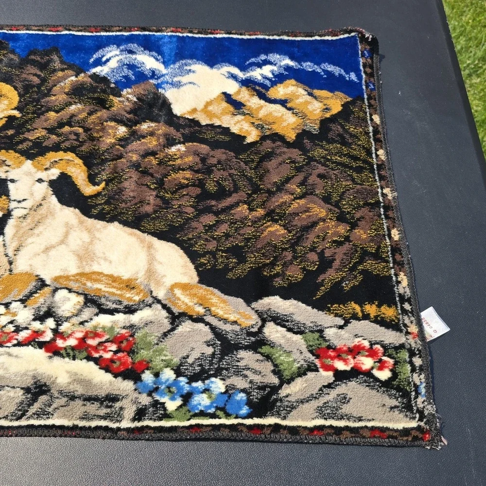 Vintage Italian Velvet Tapestry Mountain Sheep Scene Woven 38x19 Wall Hanging
